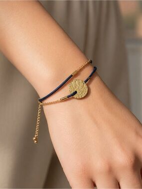 Gold Disc Cord Bracelet with Black Cord - Women Jewelry